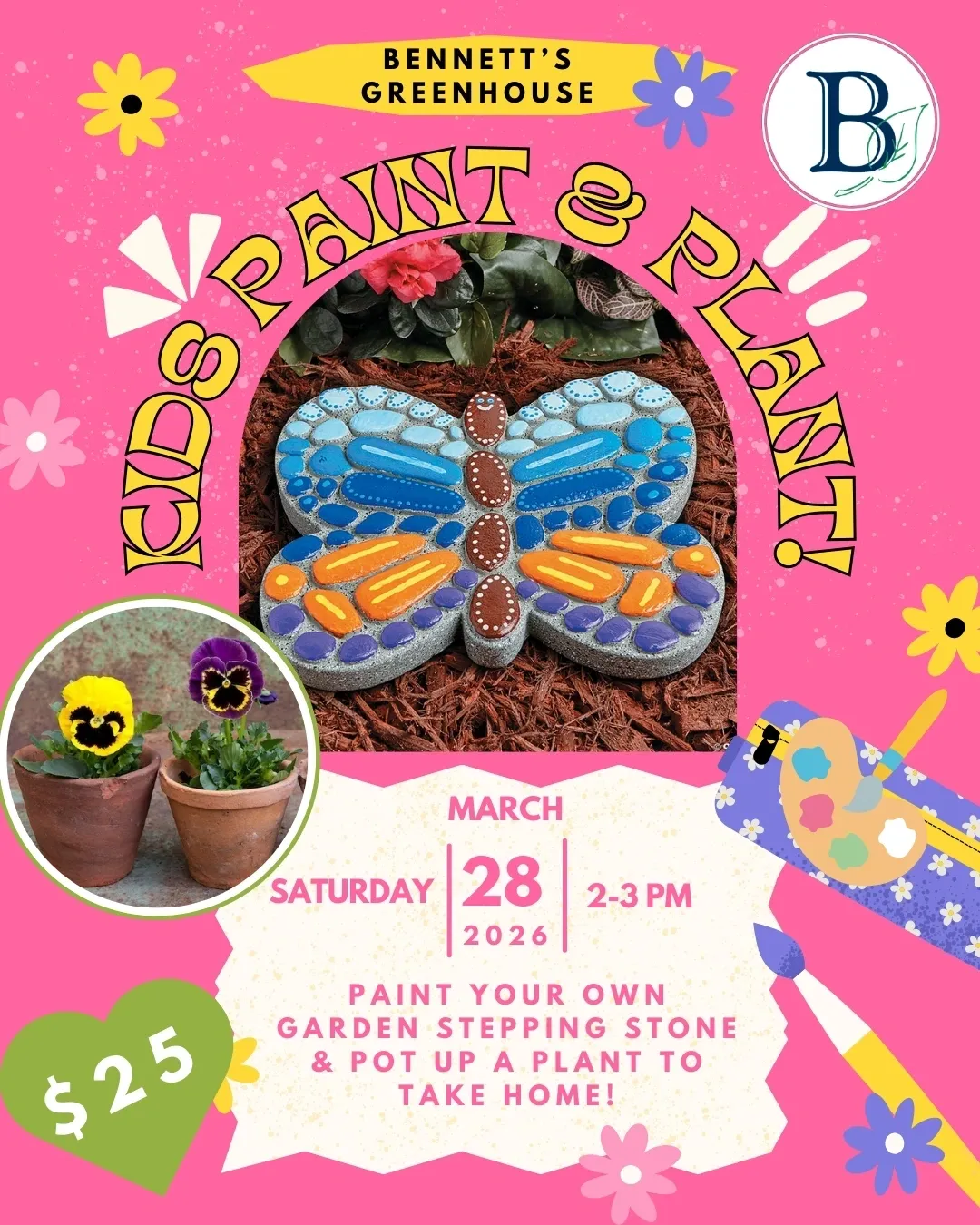 Pink flyer with painted butterfly stepping stone